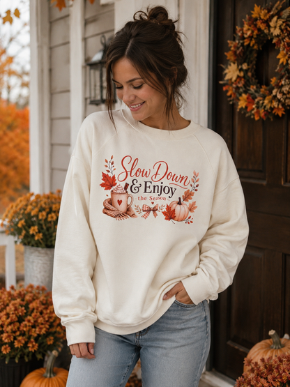 Slow Down & Enjoy the Season Fall Pumpkin Sweatshirt | Cozy Oversized Unisex Crewneck