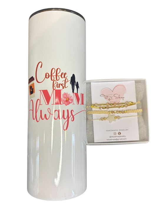 Mother’s Day Gift Set – “Coffee First, Mom Always” Tumbler + Handmade Bracelet Box by Taty’s Jewelry