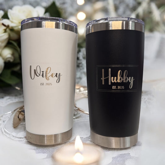 Personalized Hubby & Wifey Tumbler Set – Custom Wedding Gift (Set of 2)