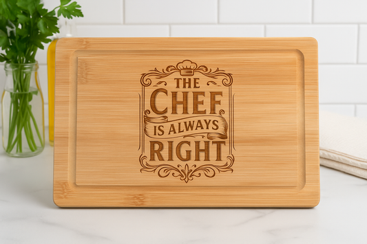 Personalized Bamboo Cutting Board – ‘The Chef Is Always Right’ – Funny Gift for Dad, Husband, or Chef – Engraved 11x7 Kitchen Board for Father’s Day