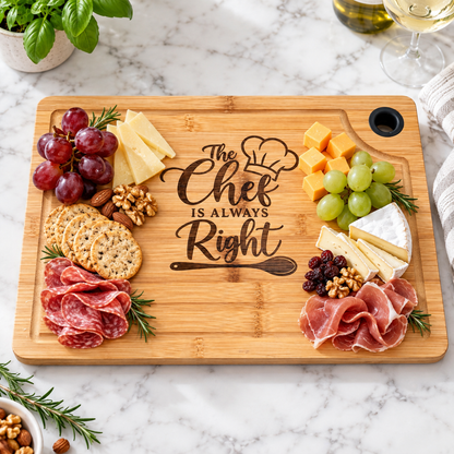 The Chef Is Always Right Large Engraved Cutting Board 15x9.5 – Funny Kitchen Gift for Cooks, Bamboo Charcuterie & Serving Board