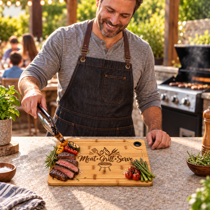 Meat Grill Serve Large Engraved Cutting Board 15x9.5 – BBQ Gift for Him, Grill Lovers & Dad, Bamboo Charcuterie Board