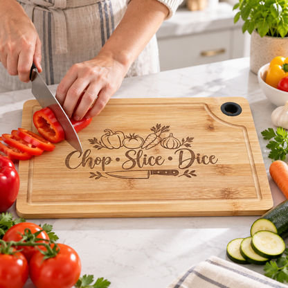 Chop Slice Dice Large Engraved Cutting Board 15x9.5 – Bamboo Charcuterie & Serving Board, Kitchen Gift for Cooks