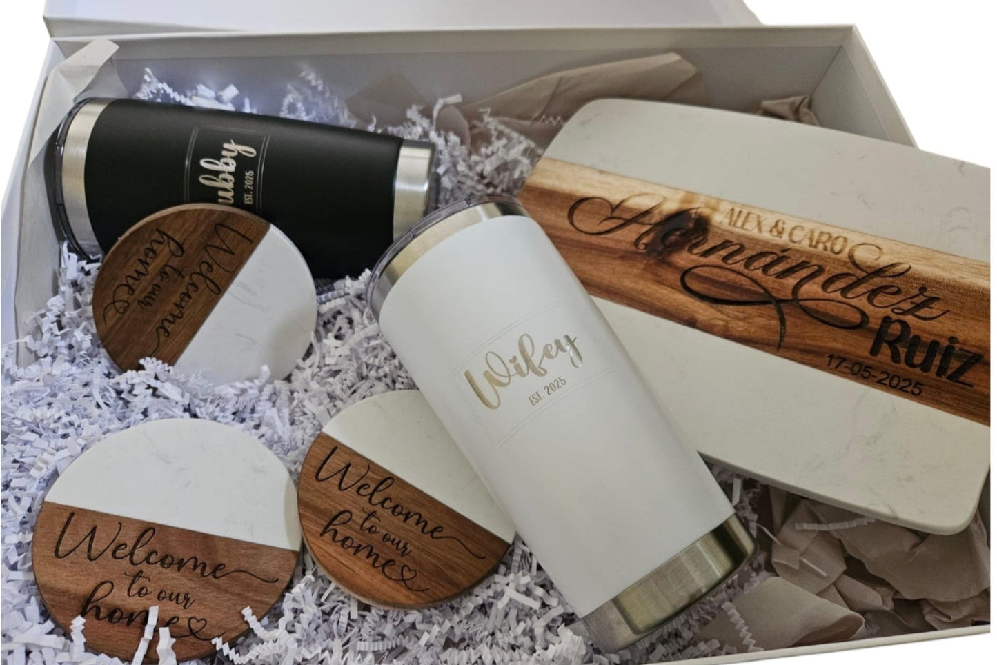 Rustic Luxury Gift Set – Unique Wooden Cutting Board, Engraved Trivet, Coasters & Tumblers Bundle