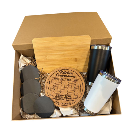 Modern Housewarming Wedding Gift Set – Bamboo Cutting Board, Engraved Trivet, Slate Coasters & Black and White Tumblers Bundle