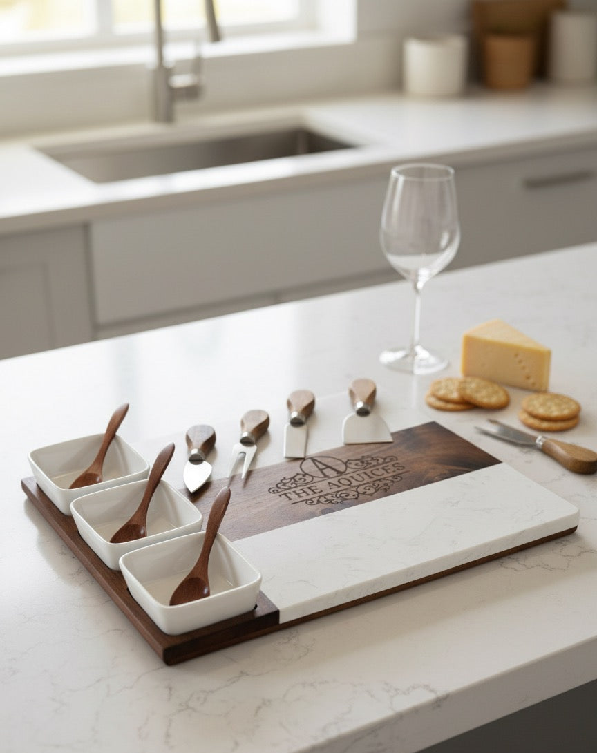 Personalized Charcuterie Board Set – 11-Piece Acacia Wood & Marble Serving Platter