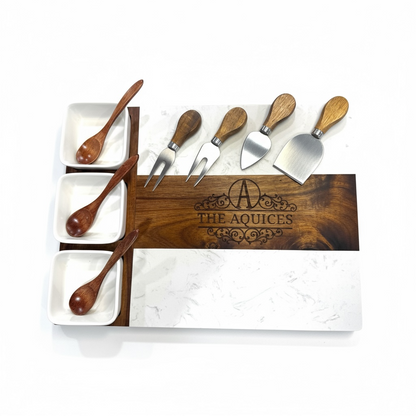 Personalized Charcuterie Board Set – 11-Piece Acacia Wood & Marble Serving Platter