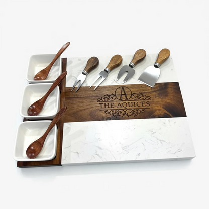 Personalized Charcuterie Board Set – 11-Piece Acacia Wood & Marble Serving Platter