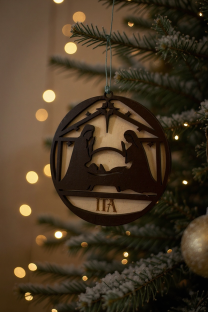 Personalized Nativity Ornament – 4” Wooden Holy Family Design | Free Engraved Name, Faith-Inspired Christmas Tree Decoration