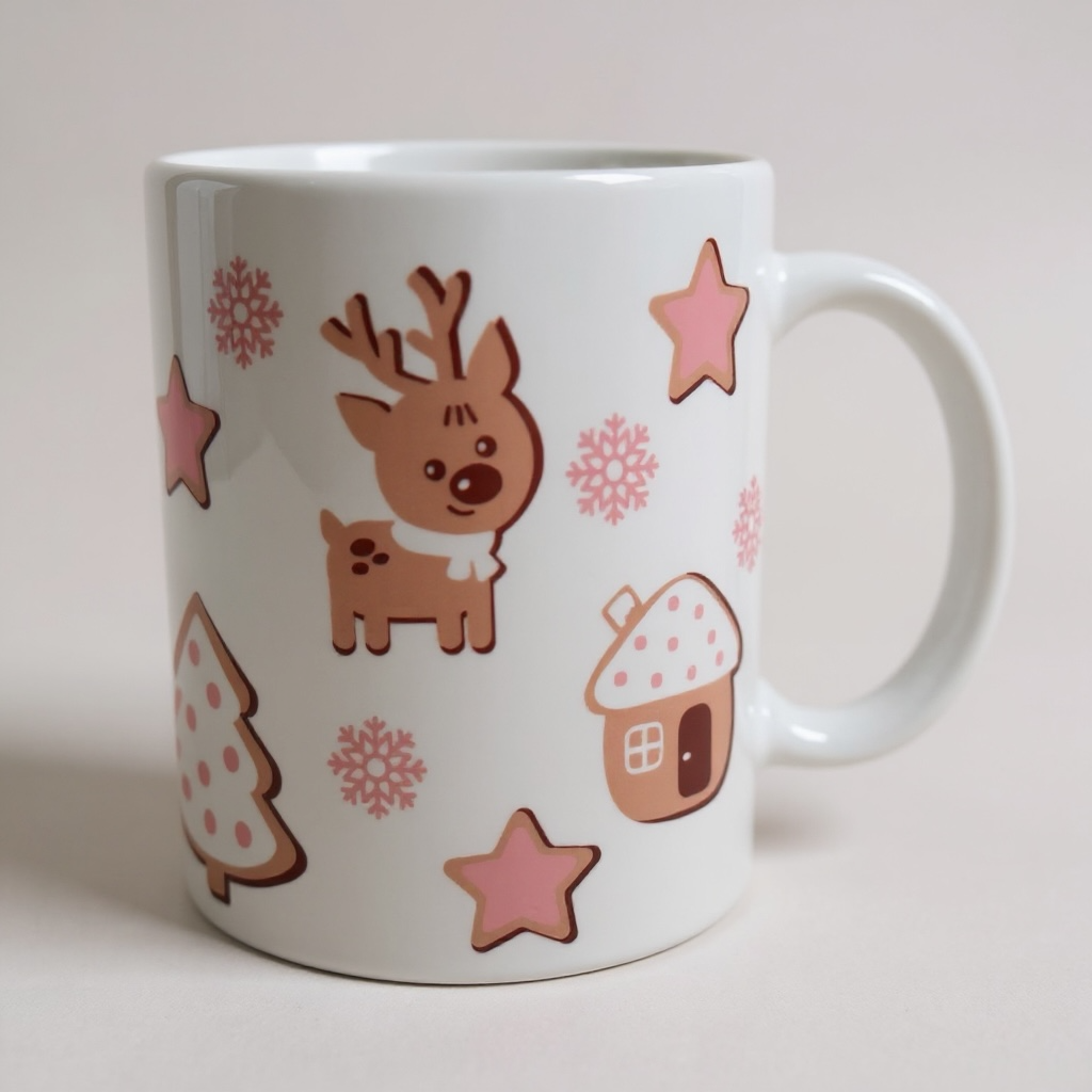 Cute Reindeer Christmas Mug 11oz – Holiday Coffee Cup with Pink Snowflakes, Stars & Gingerbread House – Cozy Winter Gift Idea