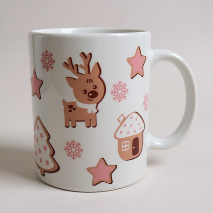 Cute Reindeer Christmas Mug 11oz – Holiday Coffee Cup with Pink Snowflakes, Stars & Gingerbread House – Cozy Winter Gift Idea