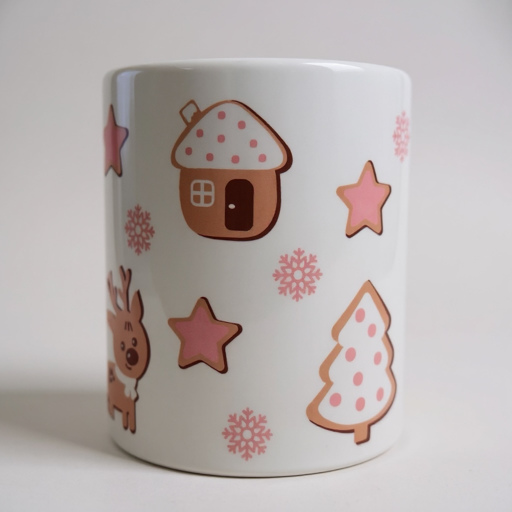 Cute Reindeer Christmas Mug 11oz – Holiday Coffee Cup with Pink Snowflakes, Stars & Gingerbread House – Cozy Winter Gift Idea