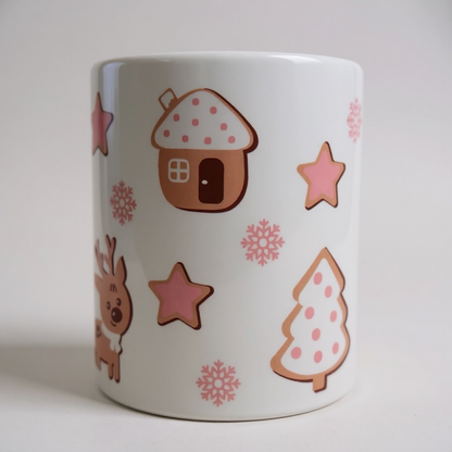 Cute Reindeer Christmas Mug 11oz – Holiday Coffee Cup with Pink Snowflakes, Stars & Gingerbread House – Cozy Winter Gift Idea