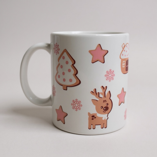 Cute Reindeer Christmas Mug 11oz – Holiday Coffee Cup with Pink Snowflakes, Stars & Gingerbread House – Cozy Winter Gift Idea