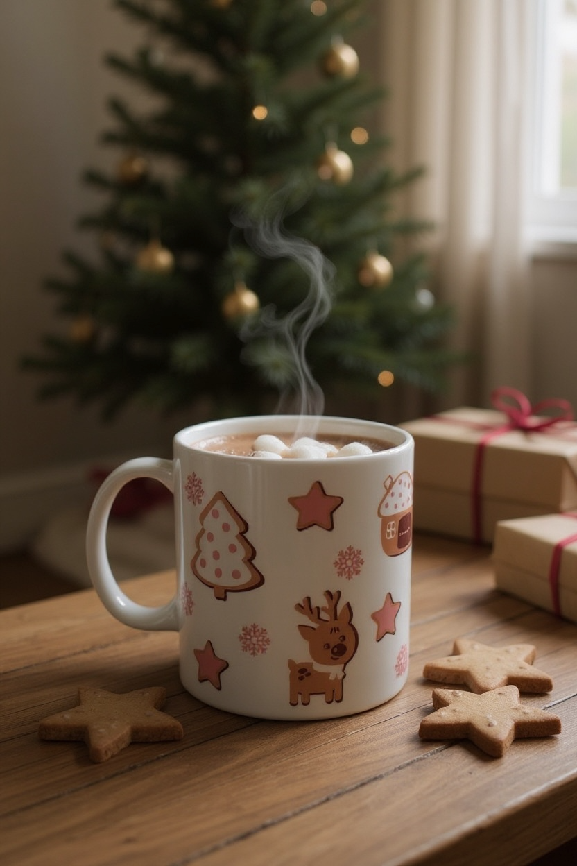 Cute Reindeer Christmas Mug 11oz – Holiday Coffee Cup with Pink Snowflakes, Stars & Gingerbread House – Cozy Winter Gift Idea