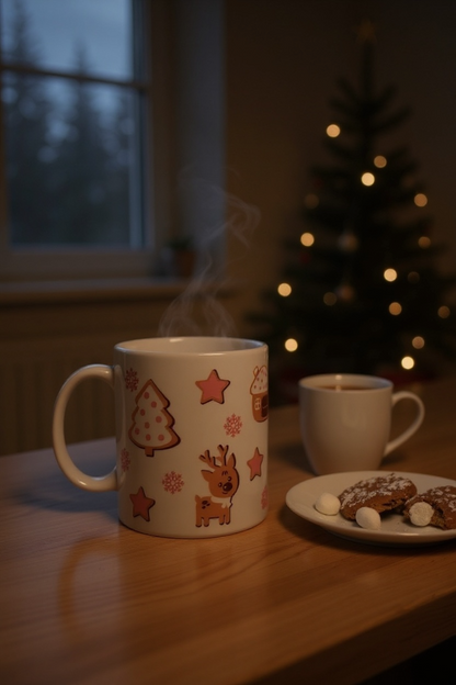 Cute Reindeer Christmas Mug 11oz – Holiday Coffee Cup with Pink Snowflakes, Stars & Gingerbread House – Cozy Winter Gift Idea