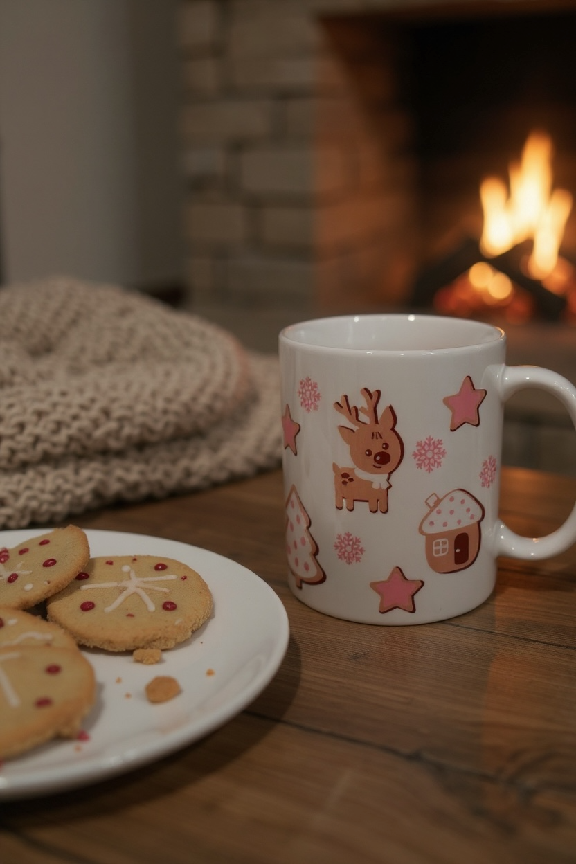Cute Reindeer Christmas Mug 11oz – Holiday Coffee Cup with Pink Snowflakes, Stars & Gingerbread House – Cozy Winter Gift Idea