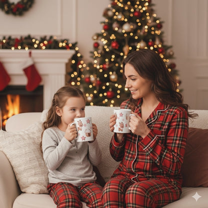 Cute Reindeer Christmas Mug 11oz – Holiday Coffee Cup with Pink Snowflakes, Stars & Gingerbread House – Cozy Winter Gift Idea