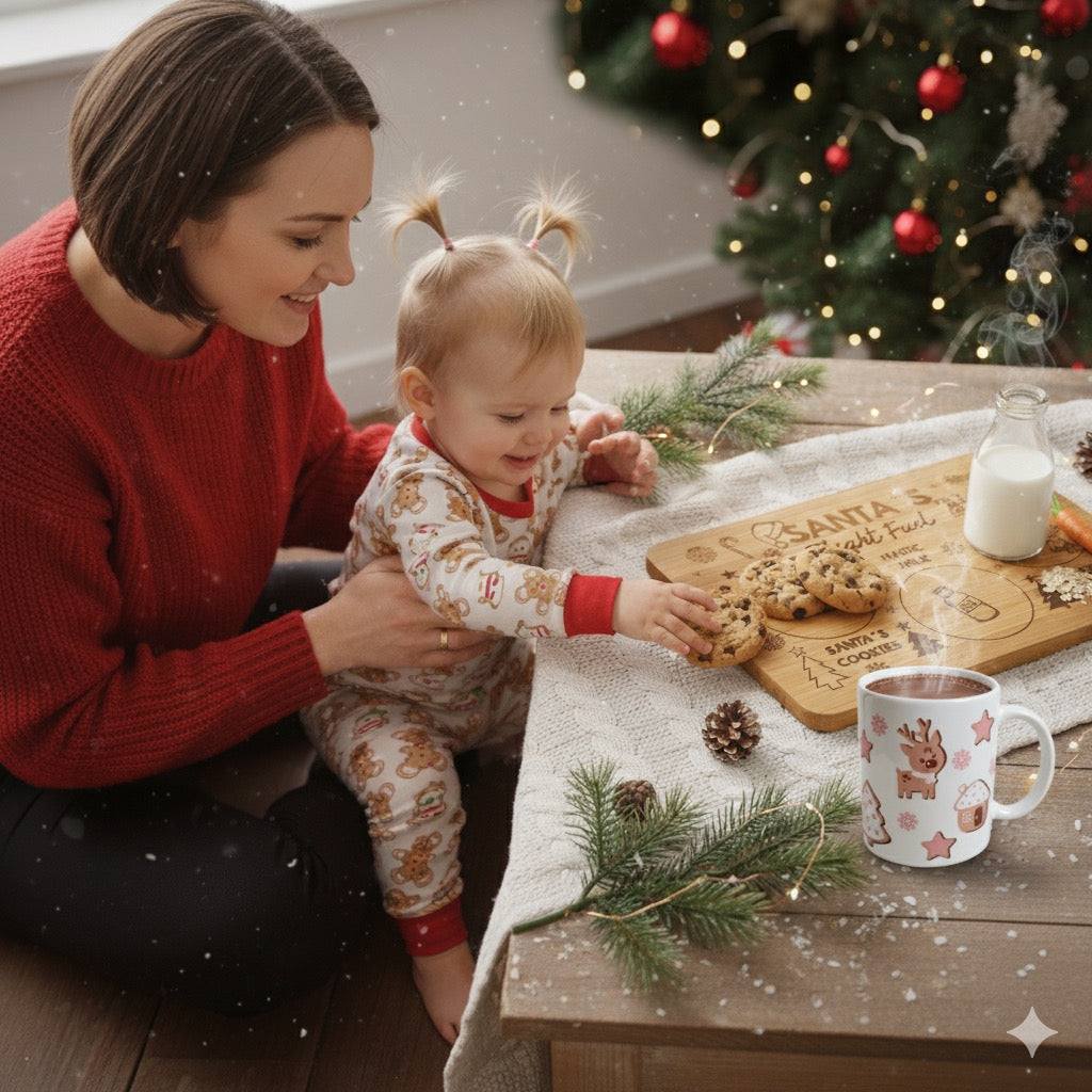 Cute Reindeer Christmas Mug 11oz – Holiday Coffee Cup with Pink Snowflakes, Stars & Gingerbread House – Cozy Winter Gift Idea