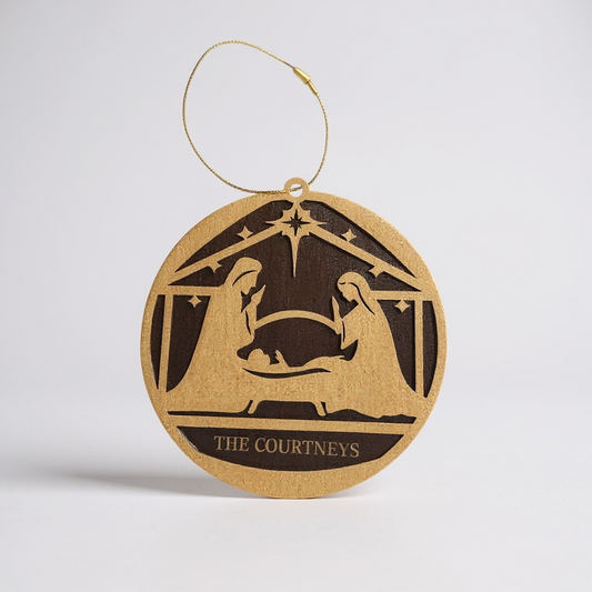 Personalized Nativity Scene Ornament – Free Engraving | Custom Family Name | Religious Wooden Christmas Ornament (Light & Dark Wood)