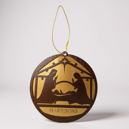 Personalized Nativity Scene Ornament – Free Engraving | Custom Family Name | Religious Wooden Christmas Ornament (Light & Dark Wood)