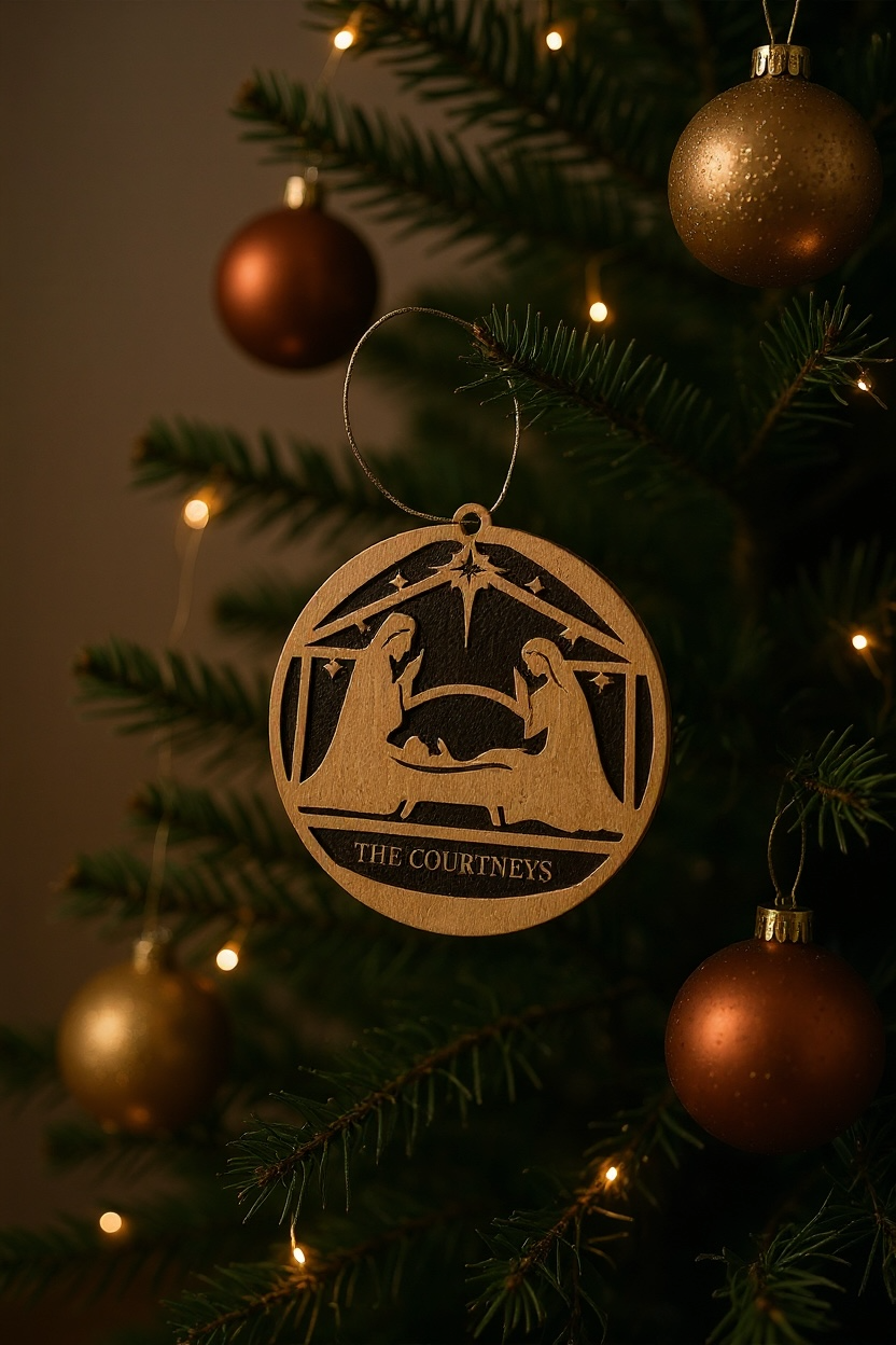 Personalized Nativity Scene Ornament – Free Engraving | Custom Family Name | Religious Wooden Christmas Ornament (Light & Dark Wood)
