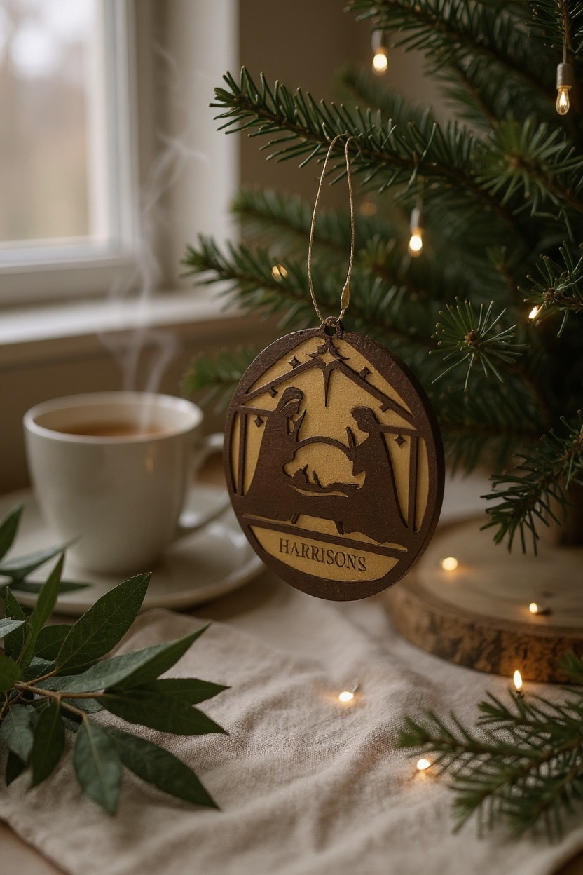 Personalized Nativity Scene Ornament – Free Engraving | Custom Family Name | Religious Wooden Christmas Ornament (Light & Dark Wood)