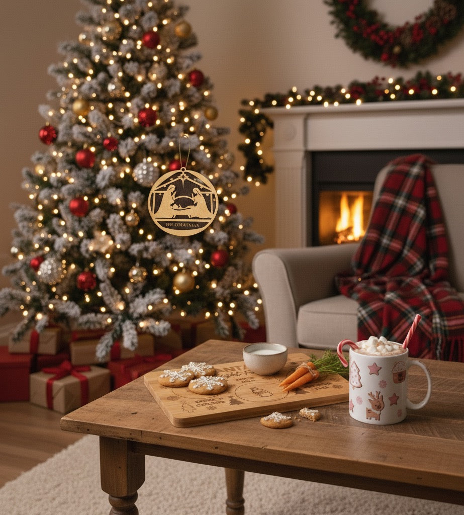 Personalized Nativity Scene Ornament – Free Engraving | Custom Family Name | Religious Wooden Christmas Ornament (Light & Dark Wood)