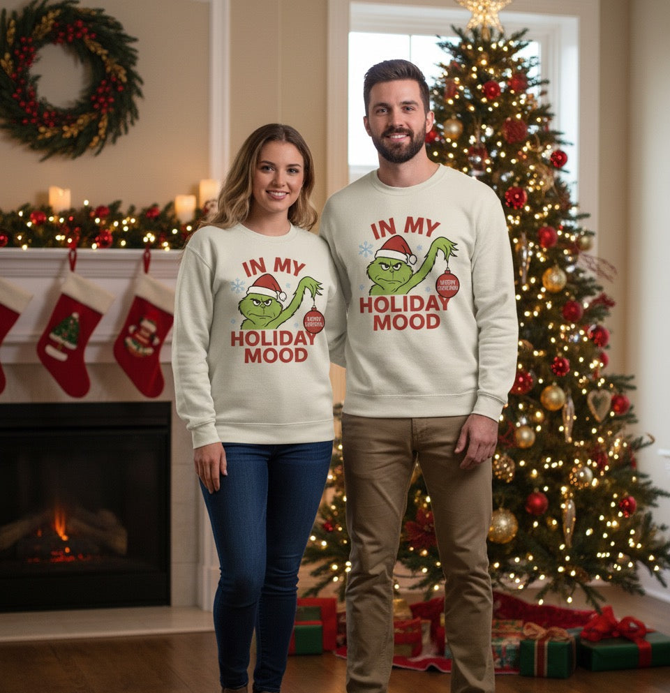 Limited Edition “In My Holiday Mood” Christmas Sweatshirt – Ivory Unisex Crewneck, Soft Cotton & Cozy Feel