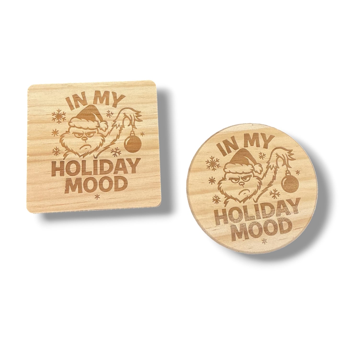 Funny Christmas Coaster – Grumpy Holiday Mood Engraved on Natural Wood