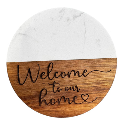 Custom Acacia Wood and White Marble Coaster – Personalized Engraving on Wood