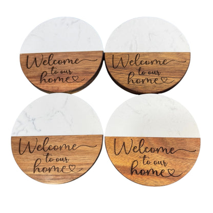 Custom Acacia Wood and White Marble Coaster – Personalized Engraving on Wood