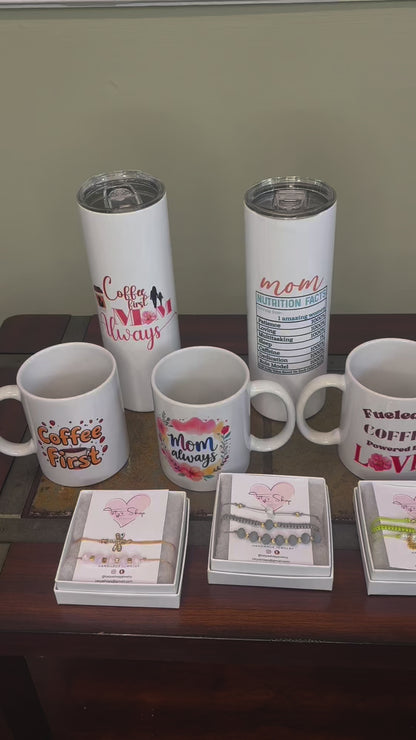Mother’s Day Coffee Mug Gift Set Coffee First Mom Always + Handmade Bracelet Box
