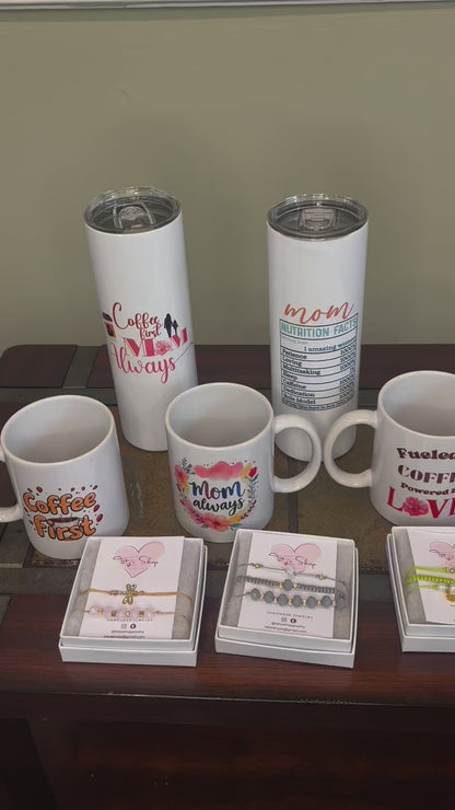 Mother’s Day Coffee Lover Gift Set: Coffee First Mom Always Mug + Handmade Bracelet Box